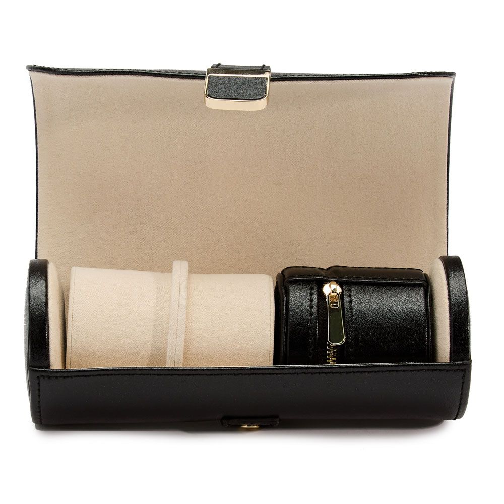 Palermo Double Watch Roll With Jewelry Pouch-Black